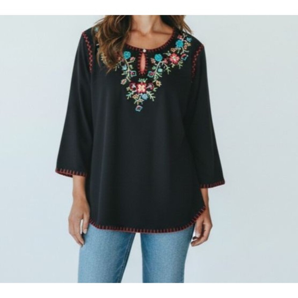 White Stag NEW Embroidered 3/4 Sweater Medium Black Bohemian Vintage Dead Stock